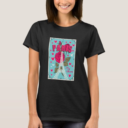 Lovely Paris France Eiffel Tower With Roses Illust T_Shirt