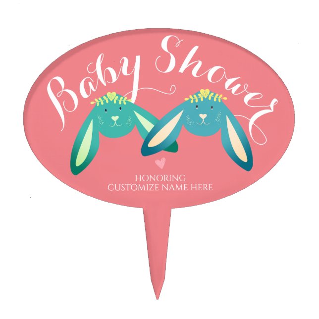 Lovely Pastel Colorful Twin Bunnies Baby Shower Cake Topper (Front)