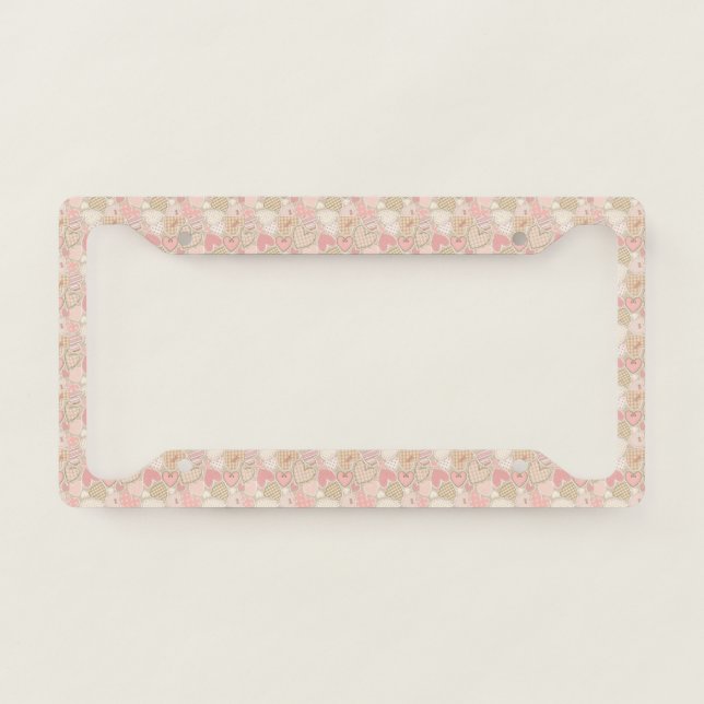 Lovely Patchwork Quilt Pattern Pink Hearts Bows License Plate Frame (Front)