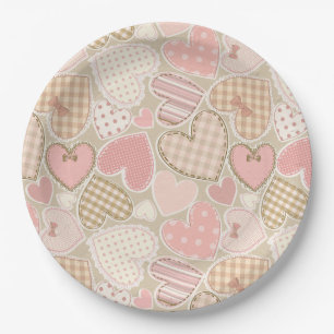 Lovely Patchwork Quilt Pattern Pink Hearts Bows Paper Plates