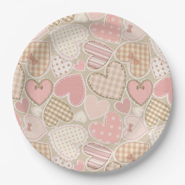 Lovely Patchwork Quilt Pattern Pink Hearts Bows Paper Plates (Front)