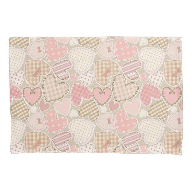 Lovely Patchwork Quilt Pattern Pink Hearts Bows Pillow Case (Front)