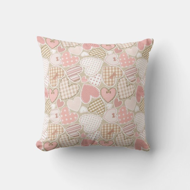 Lovely Patchwork Quilt Pattern Pink Hearts Bows Throw Pillow (Front)