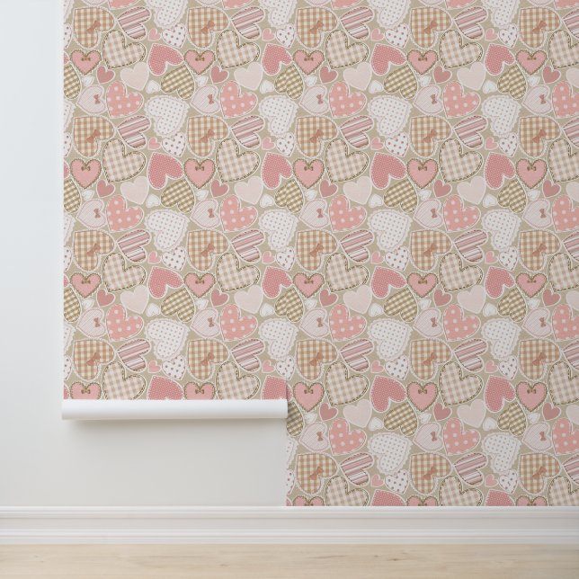 Lovely Patchwork Quilt Pattern Pink Hearts Bows Wallpaper (Application)