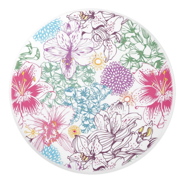 Lovely pattern with colorful flowers ceramic knob (Front)