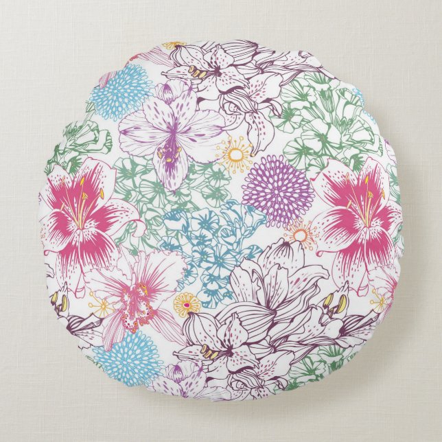 Lovely pattern with colorful flowers round pillow (Front)