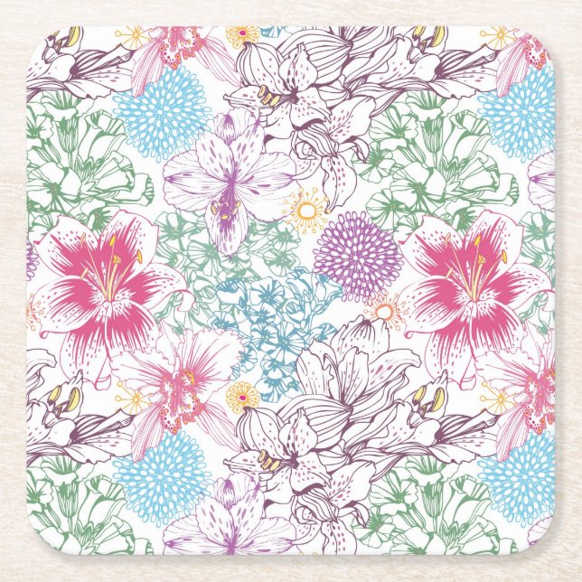 Lovely pattern with colorful flowers square paper coaster (Front)