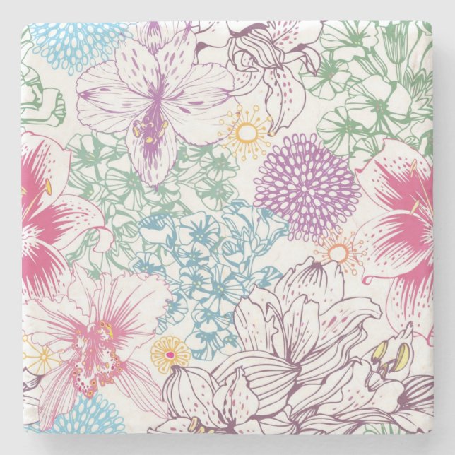 Lovely pattern with colorful flowers stone coaster (Front)