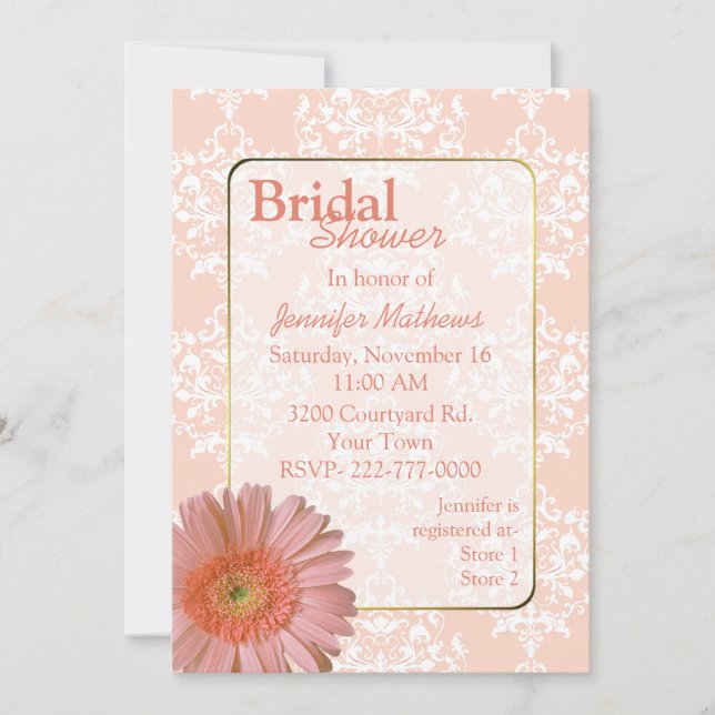 Lovely Peach Damask Bridal Shower Invitation (Front)