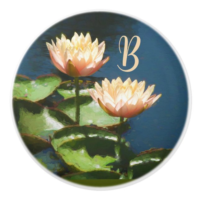 Lovely Peach Pink Blue Floral Monogram Drawer Ceramic Knob (Front)