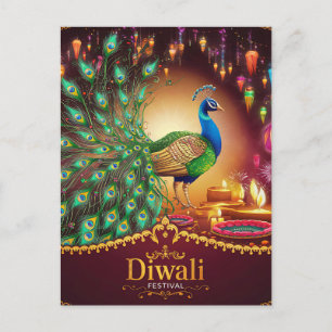 Lovely Peacock Diya Festival of Light Happy Diwali Holiday Postcard
