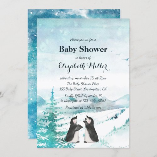 Lovely Penguin Snow Landscape Baby Shower Invitation