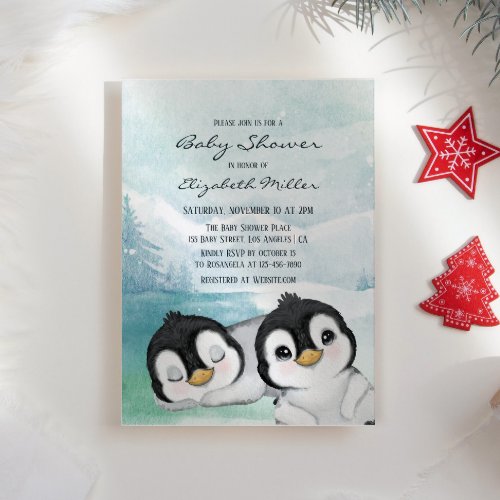 Lovely Penguins Snow Landscape Baby Shower Invitation