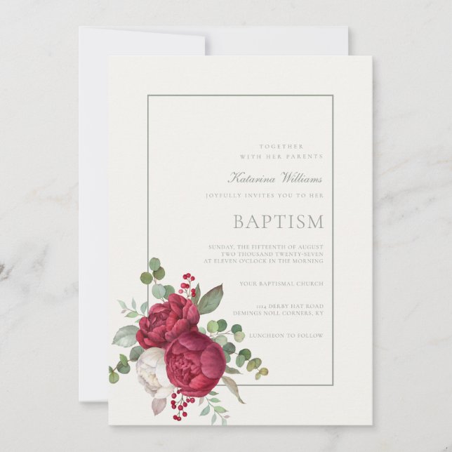 Lovely Peonies Sage Green Script Ivory Baptism Invitation (Front)