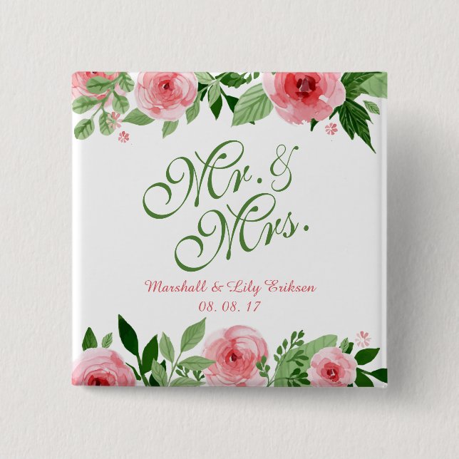 Lovely Personalized Floral Wedding Pin Button (Front)