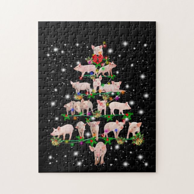 Lovely Pig Christmas Tree Covered By Flashlight Jigsaw Puzzle (Vertical)