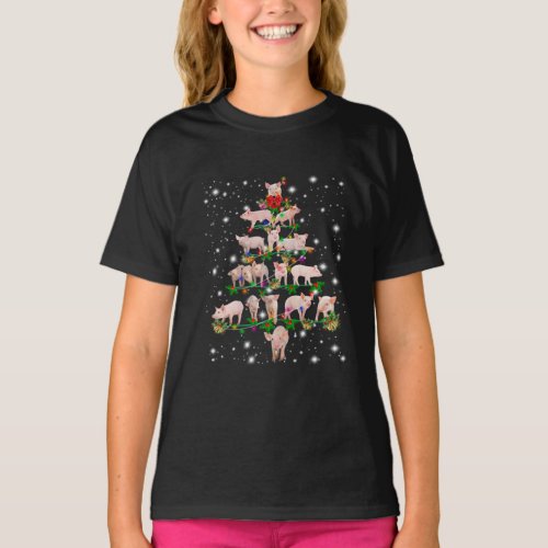 Lovely Pig Christmas Tree Covered By Flashlight T_Shirt