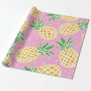 Lovely pineapple on grunge pink polka dots backgro wrapping paper