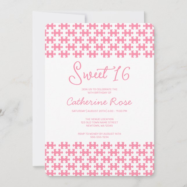 Lovely Pink And White Puzzle Checkered Sweet 16 Invitation (Front)