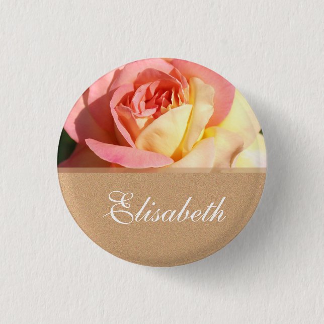 Lovely pink and yellow flower wedding name button. pinback button (Front)