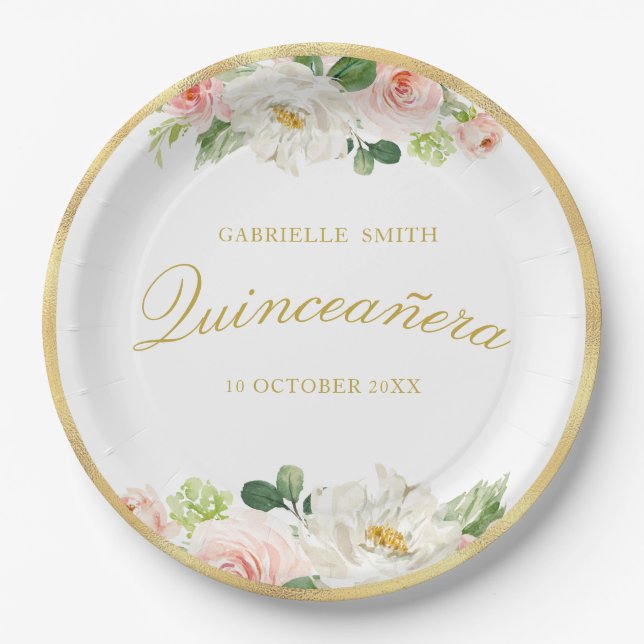 lovely pink blush floral Quinceanera  Paper Plates (Front)