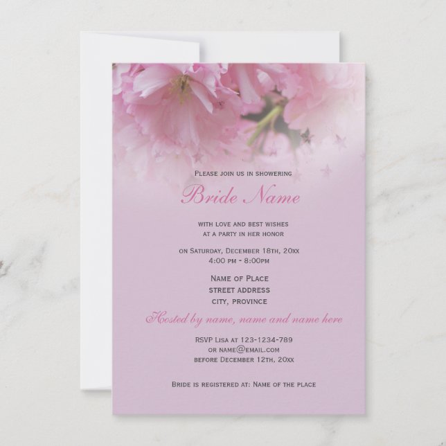 Lovely pink cherry blossom spring bridal shower invitation (Front)