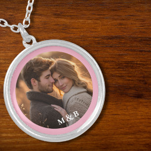 Lovely Pink Couple Monogram Photo Silver Plated Necklace