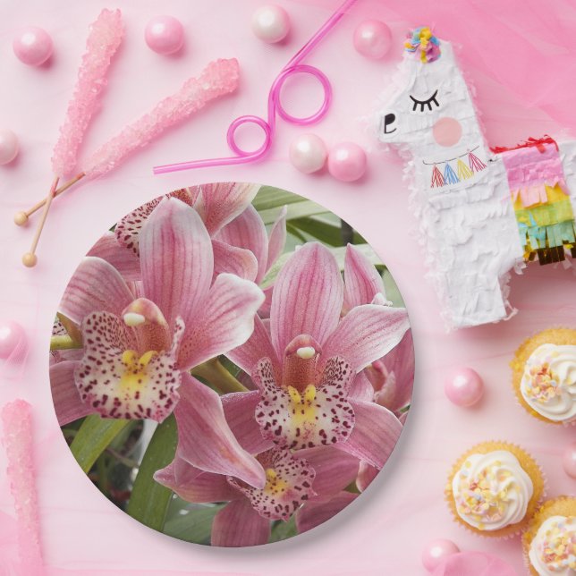 Lovely Pink Cymbidium Orchids Floral Paper Plates (Party)