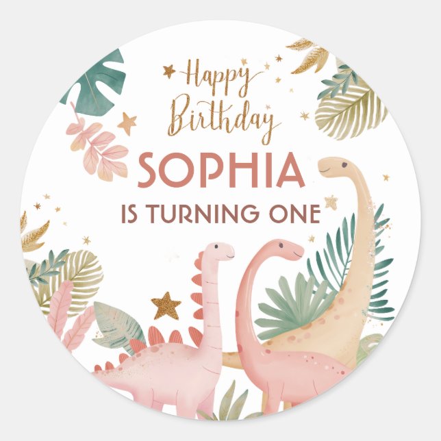 Lovely Pink Dino Classic Round Sticker (Front)