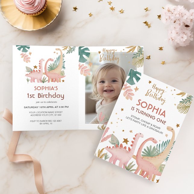 Lovely Pink Dino Folded Invitation (Creator Uploaded)