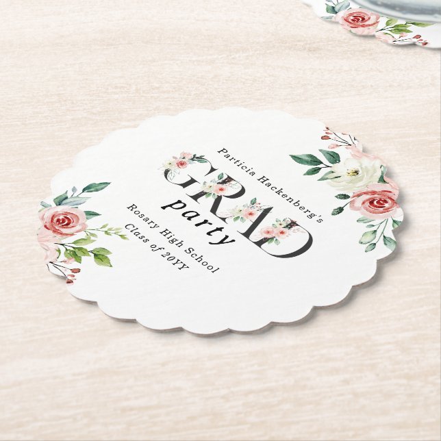 Lovely Pink Floral GRAD Custom Party  Paper Coaster (Angled)