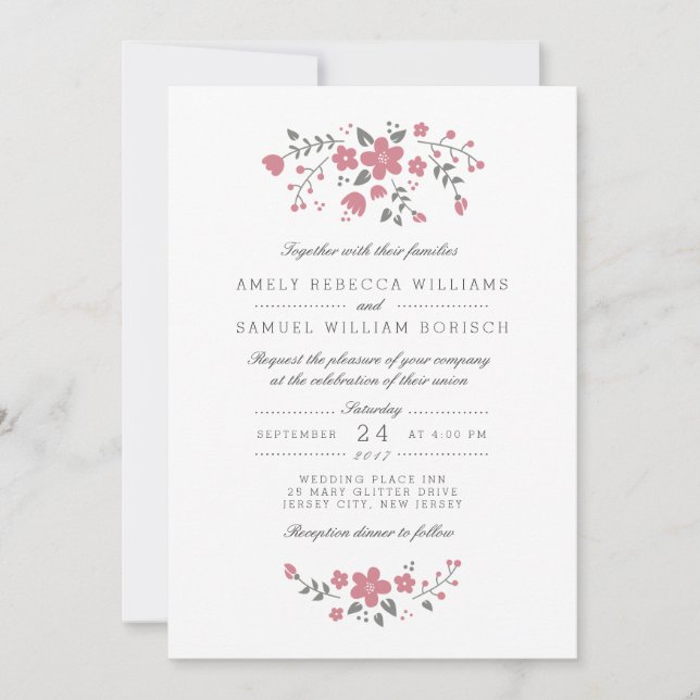 Lovely Pink Floral Wedding Invitation (Front)