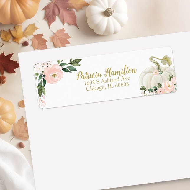 Lovely Pink Floral White Pumpkin Fall Baby Shower Label (Creator Uploaded)