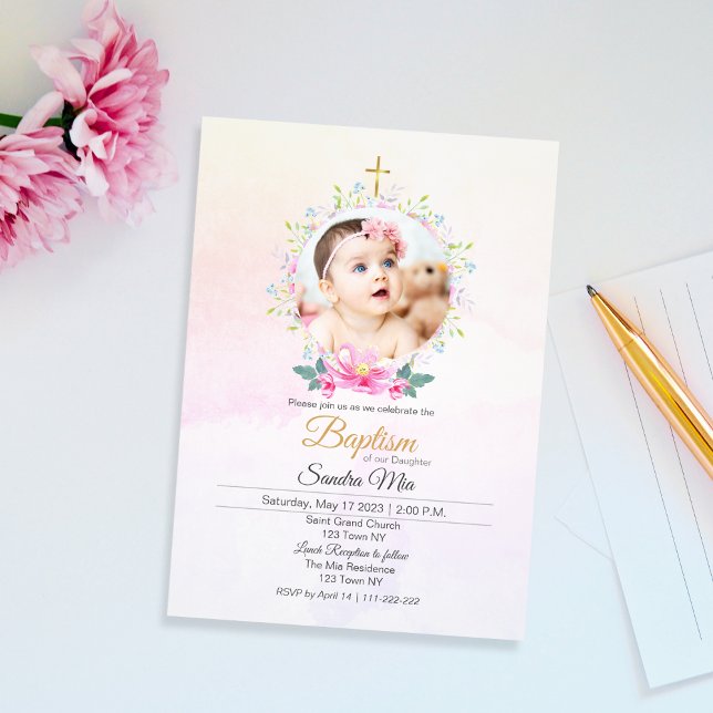 Lovely Pink Floral with Photo Baptism Invitation (Lovely Pink Floral with Photo Baptism Invitation)