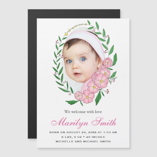 Lovely Pink Floral Wreath Photo Birth Announcement