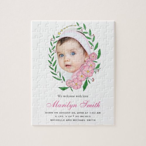 Lovely Pink Floral Wreath Photo Birth Announcement Jigsaw Puzzle