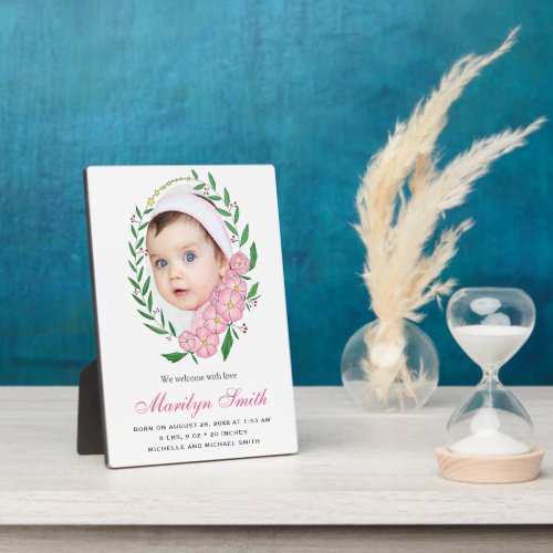 Lovely Pink Floral Wreath Photo Birth Announcement Plaque