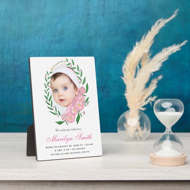 Lovely Pink Floral Wreath Photo Birth Announcement Plaque (Side)