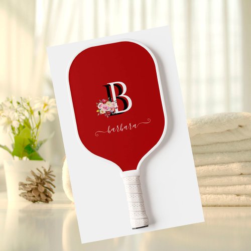 Lovely Pink Flowers Name Monogram Initial  Pickleball Paddle