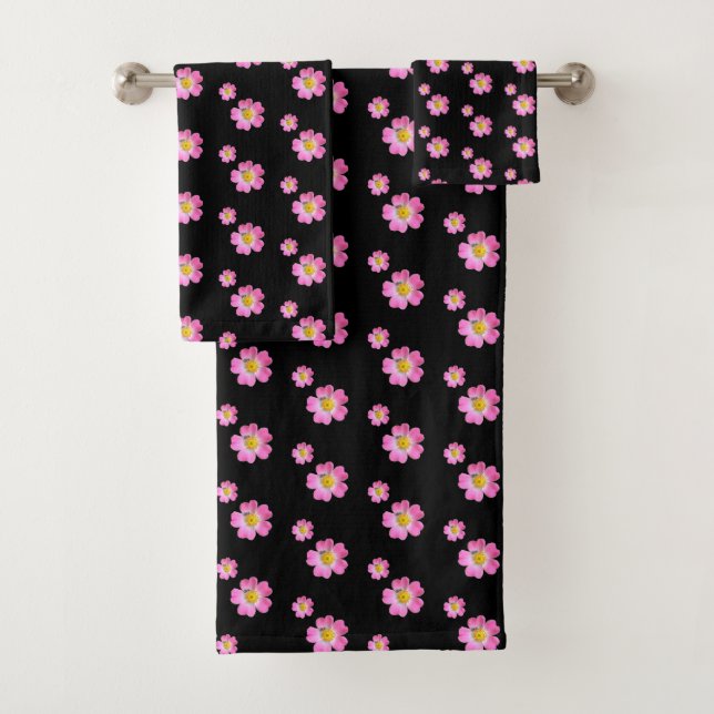Lovely Pink Flowers on Black Bath Towel Set (Insitu)