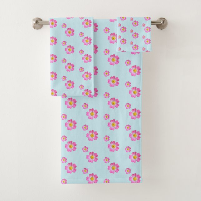Lovely Pink Flowers on Light Blue Bath Towel Set (Insitu)