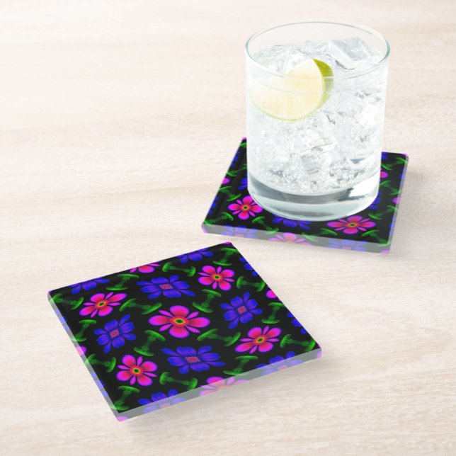 Lovely Pink Flowers Pattern Glass Coaster (Angled)