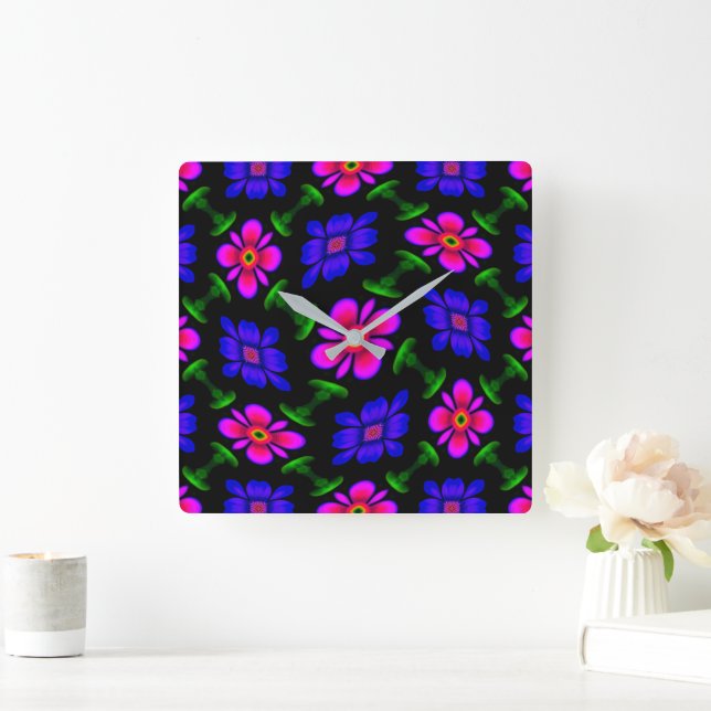 Lovely Pink Flowers Pattern Square Wall Clock (Home)