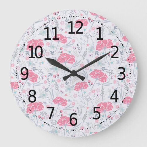 Lovely Pink Flowers Watercolor Ditsy Pattern  Large Clock