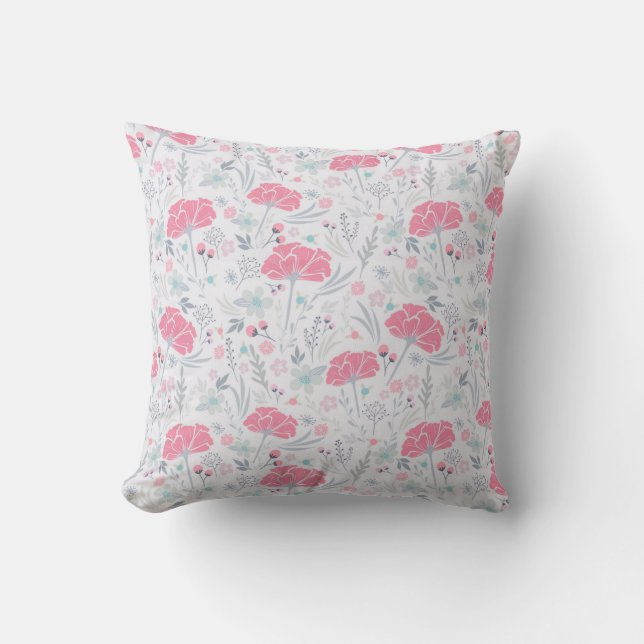 Lovely Pink Flowers Watercolor Ditsy Pattern | Throw Pillow (Front)