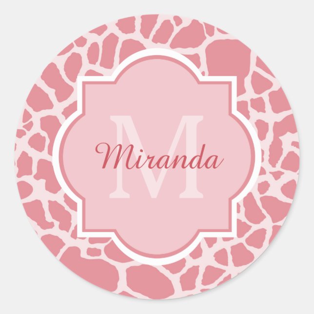 Lovely Pink Giraffe Pattern With Monogram and Name Classic Round Sticker (Front)