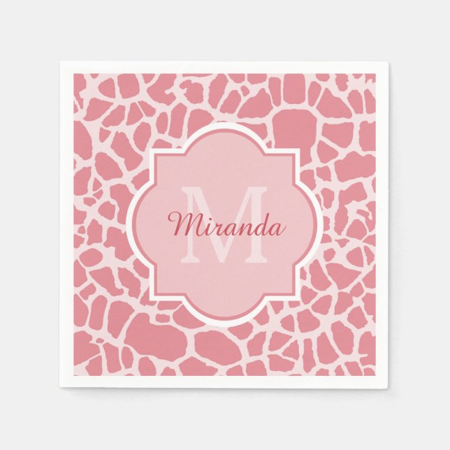 Lovely Pink Giraffe Pattern With Monogram and Name Napkins (Front)
