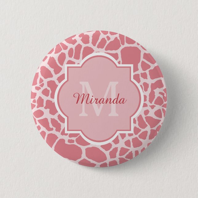 Lovely Pink Giraffe Pattern With Monogram and Name Pinback Button (Front)
