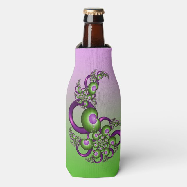 Lovely Pink Green Hearts Modern Abstract Fractal Bottle Cooler (Bottle Front)