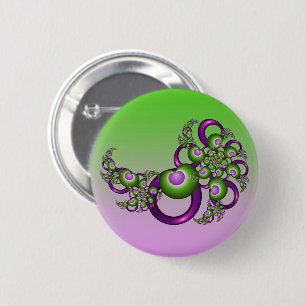 Lovely Pink Green Hearts Modern Abstract Fractal Button